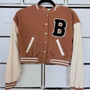 Brown and Cream Varsity Jacket – Size M (Fits S-M)